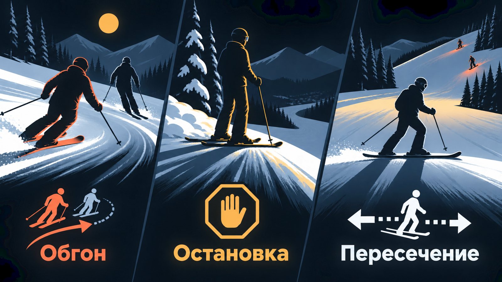 Триптих Обгон, Остановка, Пересечение: райдеры на трассе, под ними стрелка обгона, знак с ладонью и стрелки в обе стороны