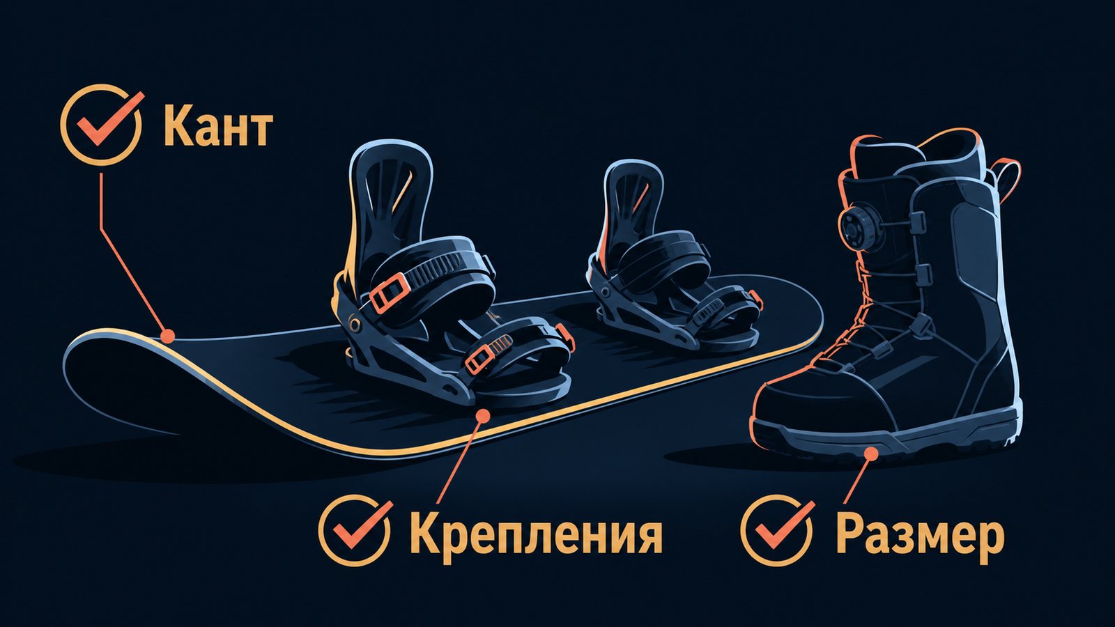 Сноуборд с двумя креплениями и ботинок с колесом BOA, рядом галочки «Кант», «Крепления», «Размер»