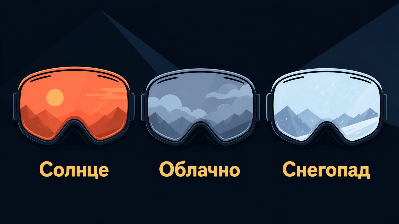 Три маски в ряд с подписями «Солнце», «Облачно», «Снегопад», в линзах закат, серые тучи и снежные пики