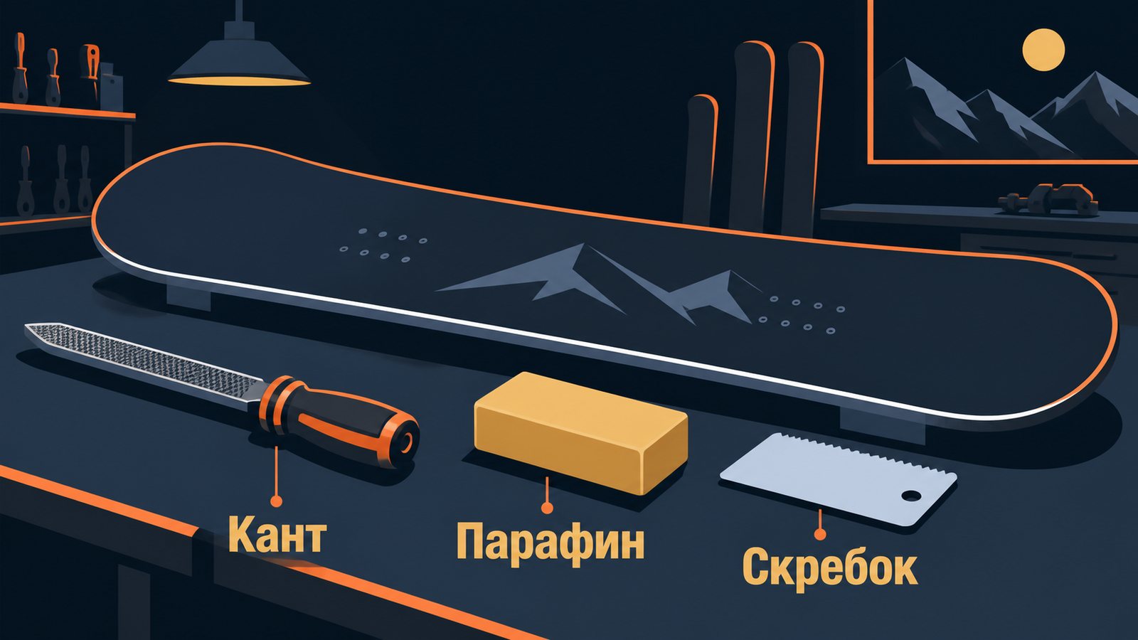 Сноуборд на козлах в мастерской, перед ним подписанные напильник, брусок парафина и скребок, на стене инструменты и окно с горами