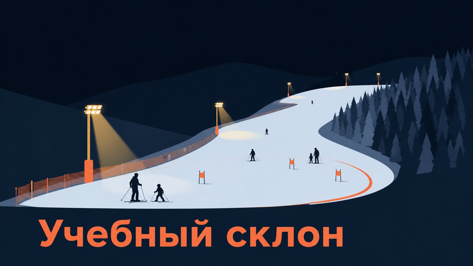 Надпись «Учебный склон» под вечерним пологим полем: мачты освещения, оранжевая сетка и фигурки на лыжах